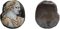 Roman Imperial Caracalla Cameo. ; Caracalla Cameo; ca. 215-217 AD, A portrait cameo of two layers, white on blue-black. The Emperor facing right with heavy brow and creased forehead, the details of hi