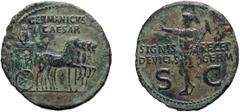 Roman Bronze Germanicus. Dupondius; Germanicus; Rome, Struck under Caligula, 37-41 AD, Dupondius, 13.63g. Rev. legend var. of BM-93, Paris-140, C-7 (3 Fr.), and RIC-57. Obv: GERMANICVS / CAESAR German