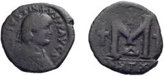 Byzantine Justin I. Follis; Justin I; 518-527 AD. Antioch, Follis, 18.47g. Berk-92, MIB-58, Sear-100. Obv: D N IVSTI - NVS PP AVG S (sic) Diademed bust r., cross above. Rx: Large M between two crosses