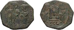 Byzantine Constans II. Follis; Constans II; 641-668 AD. Syracuse, Follis, 4.67g. Berk-697, DO-181, Sear-1110. Obv: No legend, Constans, with long beard, and Constantine IV, beardless, standing facing,