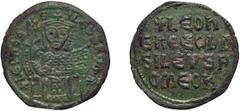 Byzantine Leo VI. Follis; Leo VI; 886-912 AD, Constantinople, Follis, 4.44g. Berk-917, DO-5, Sear-1728. Obv: + LEOn bA - S - ILEVS ROM' Leo enthroned facing, wearing crown and loros, and holding labar