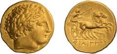 Ancient Gold Macedonia, Philip II. Stater; Macedonia, Philip II; 359-336 BC. Pella, c. 340-328 BC, Late Lifetime Issue, Stater, 8.58g. Le Rider-pl. 56, 123 (D58'/R94). Obv: Laureate head of Apollo r. 