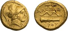 Ancient Gold Macedonia, Alexander III The Great. 1/4 Stater; Macedonia, Alexander III The Great; 336-323 BC. 'Amphipolis', c. 330-320 BC, Quarter Stater, 2.13g. Price-165. Obv: Helmeted head of Athena