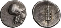 Greek Lucania, Metapontum. Alexandria Diobol; Lucania, Metapontum; 350-330 BC, Diobol, 1.11g. Noe, Johnson-Class D, 21b1, 123. Obv: Head of Athena r. wearing Corinthian helmet. Rx: Ear of barley uprig
