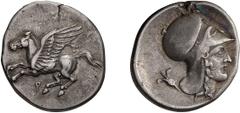 Greek Corinthia, Corinth. Stater; Corinthia, Corinth; 350-330 BC, Stater, 8.41g. Calciati-152/1. Obv: Pegasus flying l., koppa below. Rx: Head of Athena r. in Corinthian helmet, flower in l. field. NG