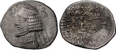 Greek Parthia, Orodes II, 57-38 BC. Drachm; Parthia, Orodes II, 57-38 BC; Drachm, 3.76g. Sellwood 48.10, Shore-262. Obv: Bust of king l. with short beard, wearing diadem and elaborate horse or hippoca