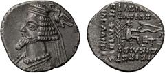 Greek Parthia, Phraates IV, 38-2 BC. Drachm; Parthia, Phraates IV, 38-2 BC; Drachm, 3.99g. Sellwood-52.13 var, Shore-281. Obv: Diademed bust of king l. with medium beard; eagle behind crowning him wit