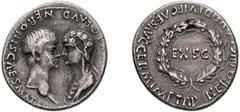 Roman Imperial Nero and Agrippina. Denarius; Nero and Agrippina; 54-68 AD, Lugdunum, 54 AD, Fourrée Denarius, 2.95g. BM-3, Paris-8, C-7 (30 Fr.), RIC-2 (R2). Obv: [AGRIPP AVG DI]VI CLAVD NERONIS CAES 