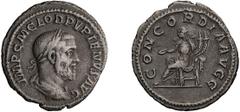 Roman Imperial Pupienus. Denarius; Pupienus; 238 AD, Rome, Denarius, 2.91g. BM-42, C-6 (10 Fr.), RIC-1. Rx: CONCORDIA AVGG Concordia seated l. holding parera and double cornucopia. Scarce reverse type