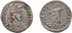 Roman Imperial Theodosius I. Siliqua; Theodosius I; 379-395 AD, Trier, 388-95 AD, Siliqua, 1.46g. RIC-94b (C )=106a (S ), RSC-57†a. Obv: D N THEODO - SIVS P F AVG Pearl-diademed, draped, cuirassed bus