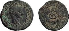 Roman Imperial Tiberius. AE 29; Tiberius; 14-37 AD, Bilbilis, Spain, 31 AD, AE 29, 12.61g. RPC-398 (19 spec., including ours as spec. 19). Obv: TI.CAESAR.DIVI.AVGVSTI.AVGVSTVS Head laureate r. Rx: MVN
