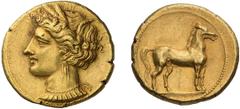 Gold Zeugitania, Carthage. Stater; Zeugitania, Carthage; 320-310 BC, EL Stater (72% gold), 7.52g. Jenkins Group IVb, close to 183. Obv: Wreathed head of Tanit l., wearing triple-drop earring and neckl