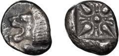 Greek Silver Ionia, Miletos. Alexandria Diobol; Ionia, Miletos; 5th cent. BC, Diobol, 1.13g. SNG Cop-949, SNG Aulock-2080. Obv: Forepart of roaring lion l. Rx: Star-like floral ornament in incuse squa