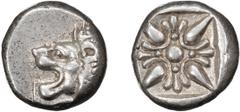 Greek Silver Ionia, Miletos. Alexandria Diobol; Ionia, Miletos; 5th cent. BC, Diobol, 1.16g. SNG Cop-949, SNG Aulock-2080. Obv: Forepart of roaring lion l. Rx: Star-like floral ornament in incuse squa