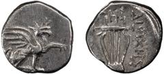 Greek Silver Ionia, Teos. Alexandria Diobol; Ionia, Teos; c. 320-294 BC, Diobol, 0.94g. Obv: Griffin seated r., raising l. forepaw. Rx: Lyre; [T]HI above, ?IOYXHS downwards on r. Not in the standard r