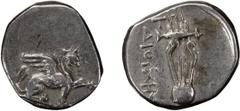 Greek Silver Ionia, Teos. Alexandria Diobol; Ionia, Teos; c. 320-294 BC, Diobol, 1.09g. Obv: Griffin seated r., raising l. forepaw. Rx: Lyre; THI above, ?IOYXHS downwards on l. Not in the standard ref