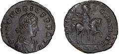 Roman Silver Honorius. AE 3; Honorius; 393-423 AD, Antioch, 392-5 AD, AE 3, 1.46g. Bust var. of RIC-69e (S), officina A=1. Obv: D N HONORIVS P F AVG Rosette and pearl-diademed, draped, cuirassed bust 