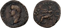 Roman Bronze Caligula. 40-as; Caligula; 37-41 AD, Rome, 40-1 AD, As, 10.86g. BM-73, Paris-121, C-29, RIC-54 (R ). Obv: [C C]AESAR DIVI AVG PRON AVG P M TR P IIII P P Head bare l. Rx: [V]ESTA S - C Ves