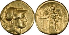 Ancient Gold Macedonia, Alexander III The Great. Stater; Macedonia, Alexander III The Great; 324/3 BC, Stater, 8.38g. Price-3257 (same obv. die?). Obv: Helmeted head of Athena r., griffin on helmet. R