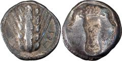 Greek Silver Lucania, Metapontum. Triobol; Lucania, Metapontum; c. 510-480 BC, Triobol, 1.21g. SNG ANS-263. Obv: Ear of barley, MET to r. Rx: Bull's head, incuse.. VF