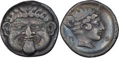 Greek Silver Pangaean District, Neapolis. Achaean League Hemidrachm, ex BCD; Pangaean District, Neapolis; Late 5th-4th Cent. BC, Hemidrachm, 1.78g. SNG ANS-430. Obv: Gorgoneion. Rx: Young female head 