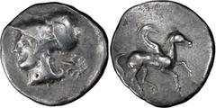 Greek Silver Corinth, Contemporary Imitation. Stater; Corinth, Contemporary Imitation; c. 450 BC or later, Stater, 7.46g. Obv: Helmeted head of Athena l., uncertain symbol behind. Rx: Pegasus with cur