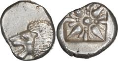 Greek Silver Ionia, Miletos. Alexandria Diobol; Ionia, Miletos; 5th cent. BC, Diobol, 1.17g. SNG Cop-949, SNG Aulock-2080. Obv: Forepart of roaring lion l. Rx: Star-like floral ornament in incuse squa