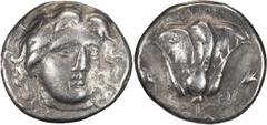 Greek Silver Caria, Rhodes. Didrachm; Caria, Rhodes; 304-c. 265 BC, Didrachm, 6.59g. Ashton, Rev. Num. 1988-pl. XVI, 32. Obv: Head of Helios facing, slightly r., hair loose. Rx: [P]O?ION above rose, w