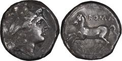 Roman Republic Anonymous. Didrachm; Anonymous; 234-231 BC, Didrachm, 6.38g. Cr-26/1, Syd-27 (R5). Obv: Head of Apollo r. Rx: Free horse l., ROMA above. Ex Pegasi 26, May 2012, lot 371.. VF