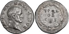 Roman Coins Galba. Denarius; Galba; 68-69 AD, Rome, Denarius, 3.52g. BM-34 corr., C-287, Paris-76, RIC-167. Obv: IMP SER - GALBA - AVG Head bare r. Rx: S P Q R / OB / C S in three lines within oak wre