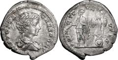 Roman Coins Geta as Caesar. Denarius; Geta as Caesar; 198-209 AD, Denarius, Rome, 201-2 AD, 3.35g. BM-234, C-157 var. (RSC 157b), RIC-18. Obv: P SEPT GETA - CAES PONT Bare-headed, draped bust r. Rx: P