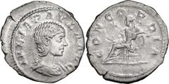 Roman Coins Julia Paula. Denarius; Julia Paula; Rome, 220 AD, Denarius, 3.10g. BM-172, RSC-6a, Eauze Hoard-376 (29 spec.), RIC-211. Obv: IVLIA PAVLA AVG Bust draped r., showing later coiffure with sma