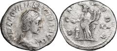 Roman Coins Aquilia Severa. Denarius; Aquilia Severa; Rome, 220-221 AD, Denarius, 2.75g. BM-184, C-2 (20 Fr.), RIC-225. Obv: IVLIA AQVILIA SEVERA AVG Bust draped r., second coiffure. Rx: CONCORDIA Con