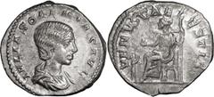 Roman Coins Julia Soaemias. Denarius; Julia Soaemias; Rome, 221-222 AD, Denarius, 3.22g. BM-55, C-14, RIC-243. Obv: IVLIA SOAEMIAS AVG Bust draped r. Rx: VENVS CAELESTIS Venus seated l. holding apple 