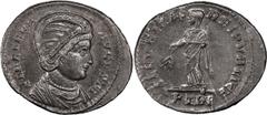 Roman Coins Helena. AE 3, Reduced Follis; Helena; Trier, 327-8 AD, Reduced Follis, 3.12g. RIC-508, officina P=1 (c3). Obv: FL HELENA - AVGVSTA Bust draped r., seen from front, wearing pearl necklace. 