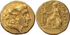Greek Thrace, Lysimachus, 323-281 BC. Stater; Thrace, Lysimachus, 323-281 BC; Amphipolis mint, c. 288/7-282/1 BC, Stater, 8.58g. Müller-109, Thompson-. Obv: Head of deified Alexander r. Rx: Athena sea