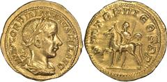 Roman Gordian III. Aureus; Gordian III; 238-244 AD, Rome, 240 AD, Aureus, 5.01g. RIC-80 (R ), C-233 (120 Fr.), Calicó-3220. Obv: IMP GORDIANVS PIVS FEL AVG Bust laureate, draped, cuirassed r. Rx: P M 