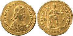 Roman Valentinian III. Solidus; Valentinian III; 425-455 AD, Ravenna, Solidus, 4.43g. RIC-2018 (C2), DO-841. Obv: D N PLA VALENTI - NIANVS P F AVG Rosette-diademed, draped, cuirassed bust r., seen fro