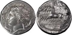 Greek Sicily, Syracuse, Agathokles. Tetradrachm; Sicily, Syracuse, Agathokles; 317-289 BC, Tetradrachm, 16.58g. Ierardi-57 (O11/R35). Obv: Head of Arethusa l., three dolphins around; F? below neck. Rx