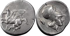 Greek Corinthia, Corinth. Stater; Corinthia, Corinth; 350-330 BC, Stater, 8.50g. Calciati-158. Obv: Pegasus flying l., koppa below. Rx: Head of Athena r. in Corinthian helmet, scorpion fish behind. Ra