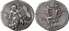 Greek Arcadia, Megalopolis. Triobol; Arcadia, Megalopolis; 175-168 AD, Triobol, 2.32g. BCD-1548. Obv: Laureate head of Zeus l. Rx: Pan seated l. on rock, raising his r. hand above eagle standing in hi