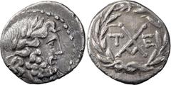 Greek Achaean League, Tegea. Achaean League Hemidrachm, ex BCD; Achaean League, Tegea; Early 1st century BC, Hemidrachm, 2.14g. Benner-4, BCD-1744. Obv: Laureate head of Zeus r. Rx: League monogram, T