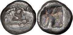 Greek Lydia, Croesus. 1/12 Silver Stater; Lydia, Croesus; 565-546 BC, 1/12 Stater, 0.84g. Berk-27. Obv: Confronted foreparts of roaring lion and bull. Rx: Incuse.. VG