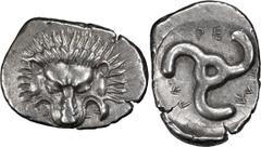Greek Lycia, Perikle. AR Tetrobol; Lycia, Perikle; c. 400-360 BC, Tetrobol, 2.86g. SNG Aulock-4254 var. (rev legend); Müseler VIII, 47-51. Obv: Lion's scalp facing. Rx: Triskeles, legend around, all i