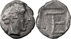 Greek Ionia, Colophon. Archaic Tetartemorion; Ionia, Colophon; c. 450-410. BC, Tetartemorion, 0.33g. Milne-31. Obv: Head of Apollo r. Rx: TE monogram in incuse square.. VF