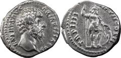 Roman Lucius Verus. Denarius; Lucius Verus; 161-169 AD, Rome, 164 AD, Denarius, 3.29g. BM-282, C-229, RIC-515. Obv: L VERVS AVG - ARMENIACVS Head bare r. Rx: TR P IIII - [I]MP II COS II Mars standing 
