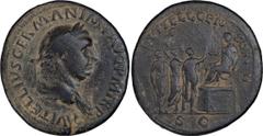 Roman Vitellius. Sestertius; Vitellius; 69 AD, Rome, Sestertius, 23.73g. BM-49, pl. 62.15 (same dies); Paris-103, pl. XXIV (same dies); C-53 (200 Fr.); RIC-134. Obv: A VITELLIVS GERMAN IMP AVG P M TR 