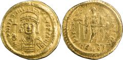 Gold Coins Justinian I. Solidus; Justinian I; 527-565 AD. Constantinople, c. 542-4 AD, Solidus, 4.37g. Berk-44, Sear-140, MIB-7. Obv: D N IVSTINI - ANVS PP AVI Helmeted, cuirassed bust facing, holding