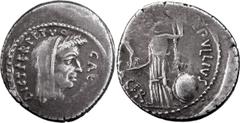 Roman Coins Julius Caesar. Denarius; Julius Caesar; 44 BC, Lifetime Issue. Denarius, 4.10g. Cr-480/13, Syd-1074, RSC-39, Sear Imperators-107d. Obv: Veiled and wreathed head of Caesar r., CAE[SAR] befo