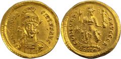 Ancient Gold Coins Theodosius II. Solidus; Theodosius II; 402-450 AD. Constantinople, c. 402-08 AD. Solidus, 4.46g. Berk-10, DO-303, MIB-12a. Obv: D N THEODO - SIVS P F AVG Helmeted, cuirassed bust fa